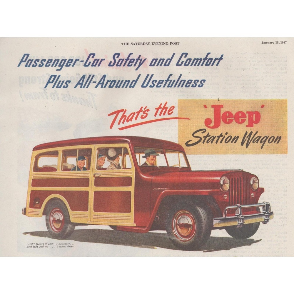 Vintage 1947 Willys Jeep Station Wagon Print Ad Woody Classic 19040s Car Decor